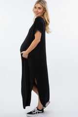 Black Animal Print Trim Caged Back Maternity Maxi Dress