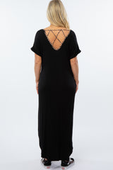 Black Animal Print Trim Caged Back Maternity Maxi Dress