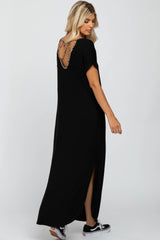 Black Animal Print Trim Caged Back Maxi Dress