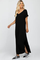 Black Animal Print Trim Caged Back Maxi Dress