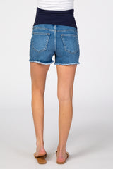 Blue Fringe Hem Maternity Denim Shorts