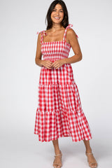 Red Gingham Shoulder Tie Tiered Dress