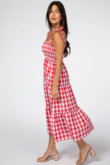 Red Gingham Shoulder Tie Tiered Dress