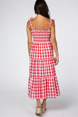 Red Gingham Shoulder Tie Tiered Dress