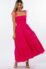 Fuchsia Tiered Shoulder Tie Maternity Dress