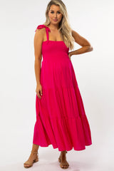 Fuchsia Tiered Shoulder Tie Maternity Dress