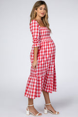 Red Gingham Puff Sleeve Maternity Dress