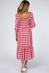 Red Gingham Puff Sleeve Maternity Dress