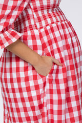 Red Gingham Puff Sleeve Maternity Dress