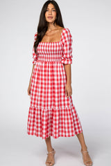 Red Gingham Puff Sleeve Maternity Dress