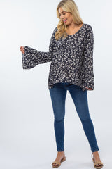 Navy Blue Floral Bell Sleeve Maternity Top