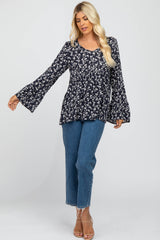 Navy Blue Floral Bell Sleeve Top