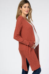 Rust Ribbed Side Slit Maternity Cardigan