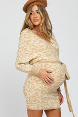 Beige Leopard Print Knit Tie Back Maternity Dress