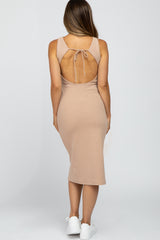 Beige Ribbed Open Back Maternity Midi Dress