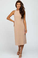 Beige Ribbed Open Back Maternity Midi Dress