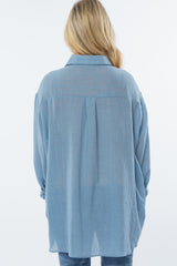 Blue Lightweight Sheer Button Down Maternity Blouse