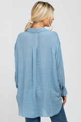 Blue Lightweight Sheer Button Down Blouse