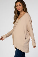 Beige Waffle Knit Button Front Maternity Cardigan