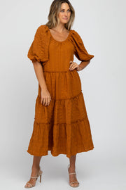 Camel Plaid Tiered Midi Dress