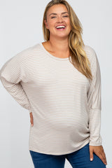 Beige Striped Dolman Long Sleeve Maternity Plus Top