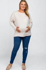 Beige Striped Dolman Long Sleeve Maternity Plus Top