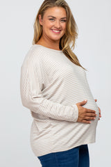 Beige Striped Dolman Long Sleeve Maternity Plus Top