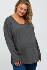 Charcoal Waffle Knit Long Sleeve Plus Maternity Top