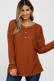 Rust Waffle Knit Long Sleeve Top