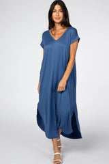 Blue Side Slit Maternity Maxi Dress