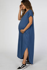 Blue Side Slit Maternity Maxi Dress