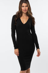 Black Ribbed Fitted Long Sleeve Dress