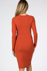 Rust Ribbed Fitted Long Sleeve Maternity Dress