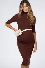 Brown Half Sleeve Turtle Neck Maternity Midi Dress