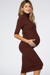 Brown Half Sleeve Turtle Neck Maternity Midi Dress