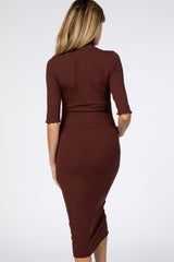 Brown Half Sleeve Turtle Neck Maternity Midi Dress