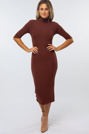 Brown Half Sleeve Turtle Neck Midi Dress