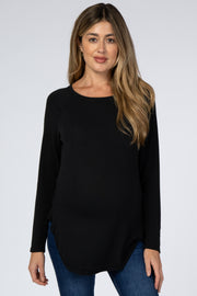 Black Hi-Low Rounded Raw Edge Hem Maternity Top