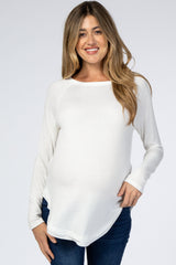 White Hi-Low Rounded Raw Edge Hem Maternity Top