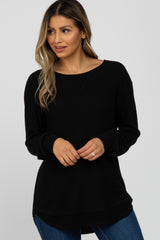 Black Brushed Knit Rib Contrast Top