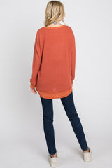 Rust Brushed Knit Rib Contrast Top