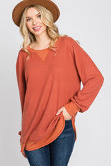 Rust Brushed Knit Rib Contrast Top