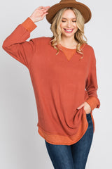 Rust Brushed Knit Rib Contrast Top