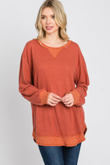 Rust Brushed Knit Rib Contrast Top