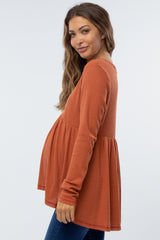 Dark Orange Knit Split Neckline Long Sleeve Maternity Top