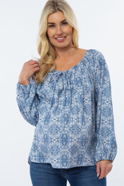 Blue Printed Off Shoulder Long Sleeve Maternity Blouse