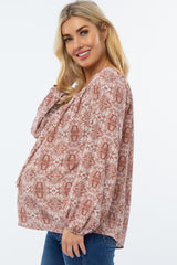 Rust Printed Off Shoulder Long Sleeve Maternity Blouse