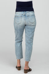 Light Blue Distressed Maternity Cropped Straight Jeans