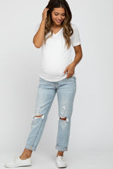 Light Blue Distressed Cuffed Hem Maternity Jeans