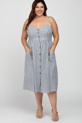 Navy Blue Striped Sweetheart Button Front Plus Dress